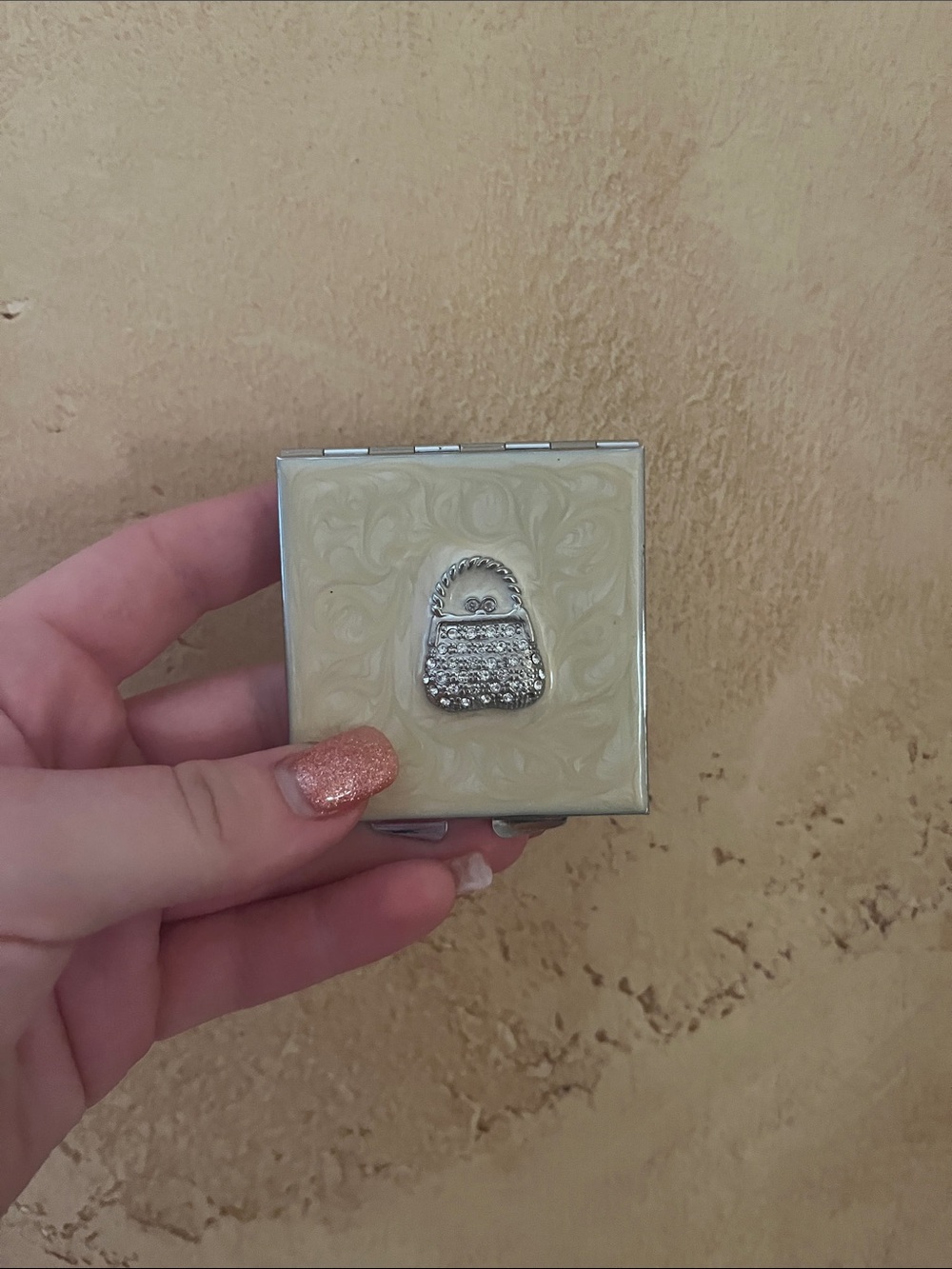 Cream Compact Mirror with Rhinestone Purse Accent